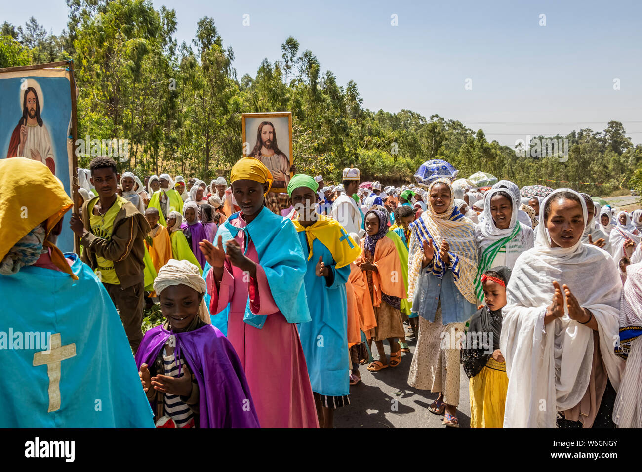 People in a Timkat procession during the Orthodox Tewahedo celebration of Epiphany, celebrated on January 19th Stock Photo