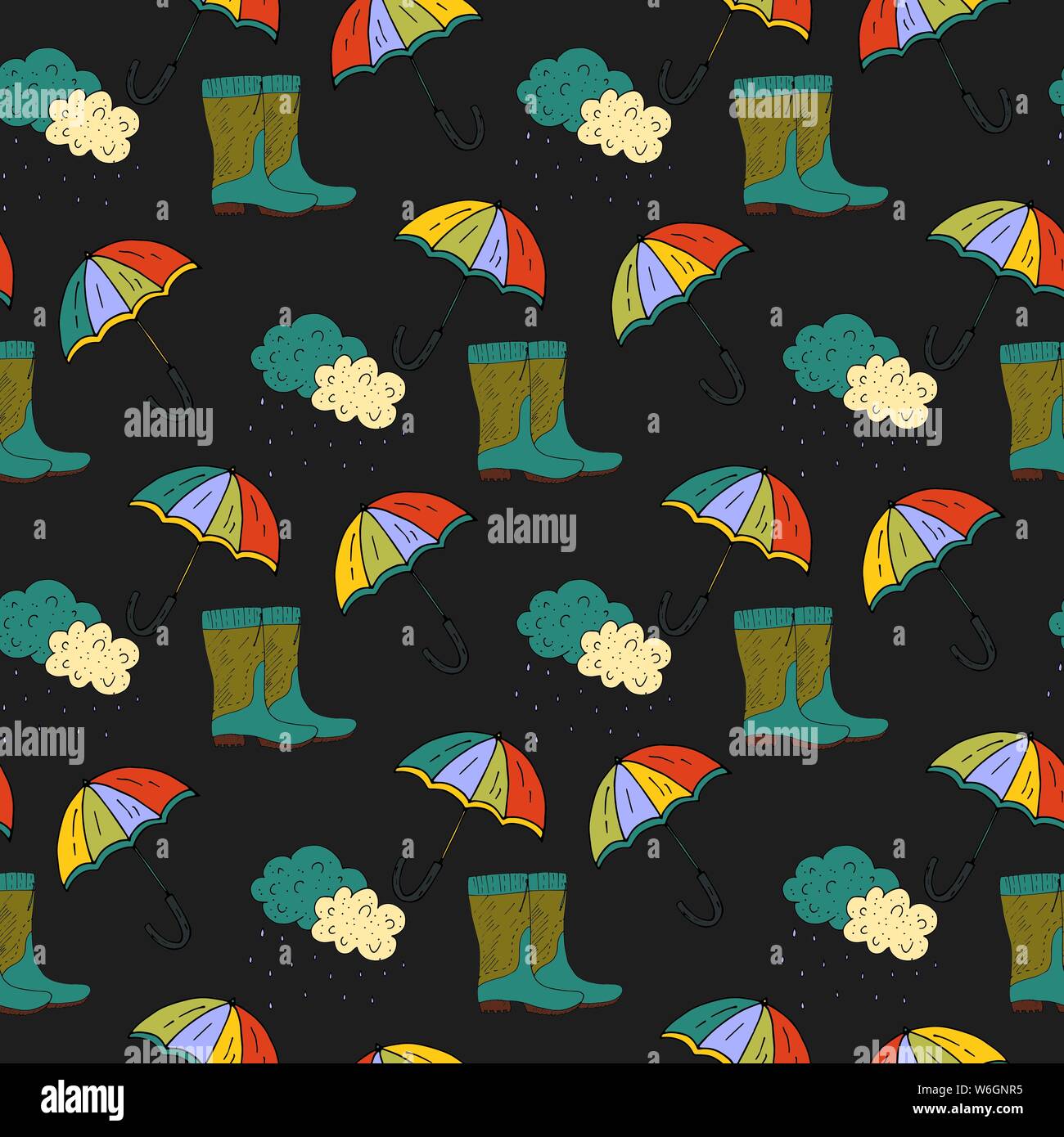 Cartoon doodle illustration. Seamless autumn vector pattern with umbrella and rubber boots. Stock Vector