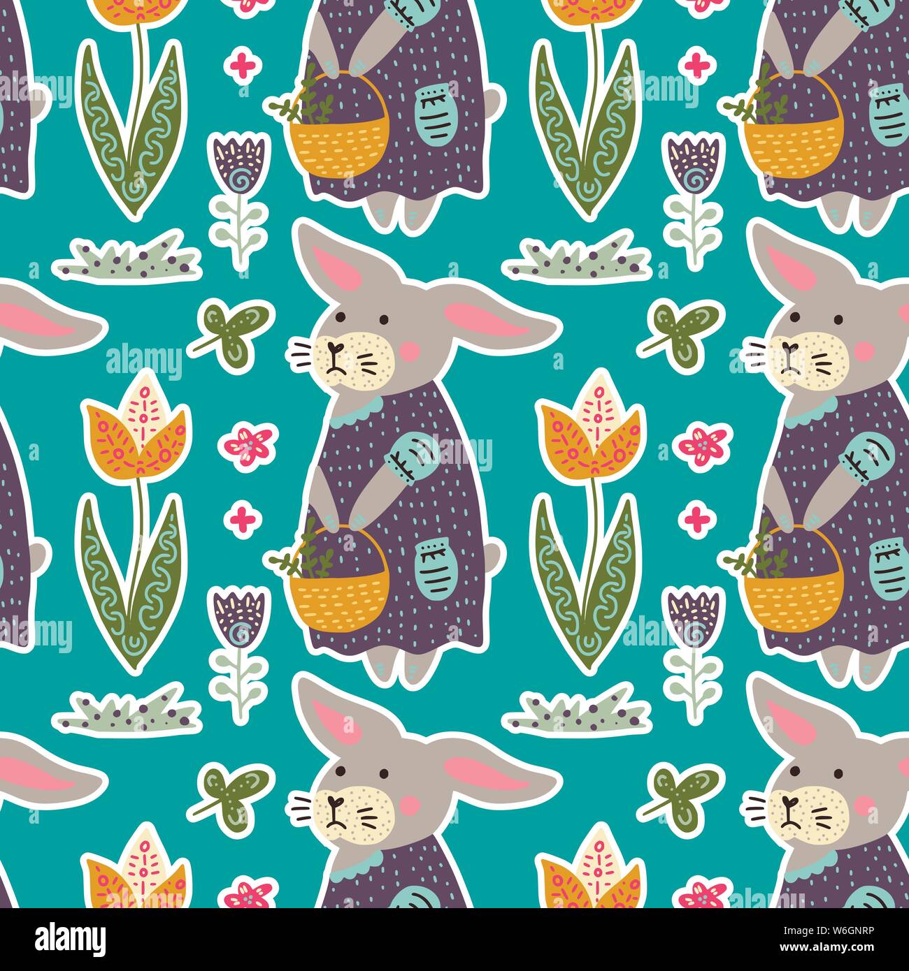 Seamless spring vector pattern with Easter bunny, tulips, Easter basket and eggs, Stock Vector