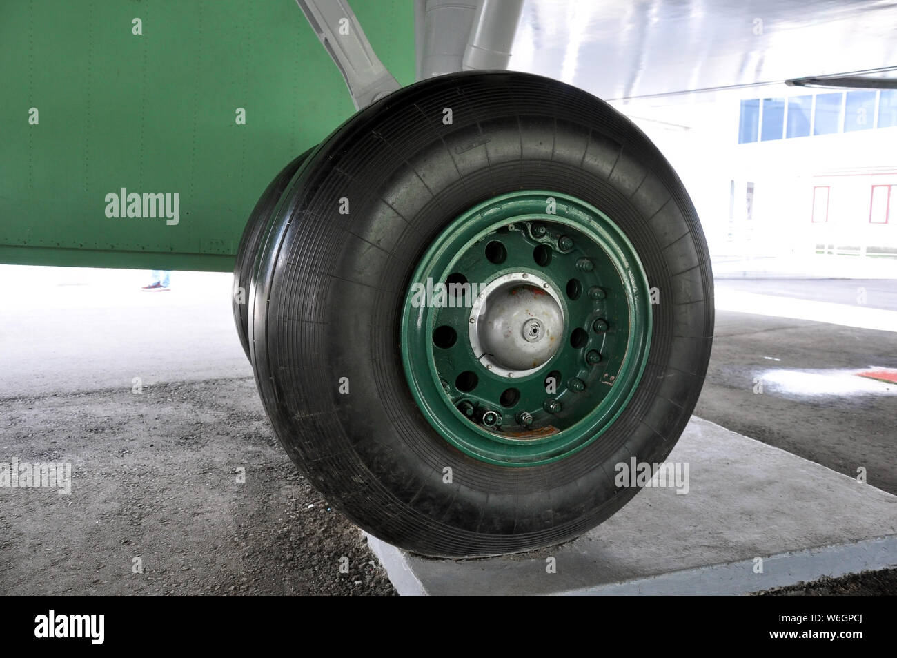 The chassis of the aircraft in the process of parking on the runway. Buran-Energy Stock Photo