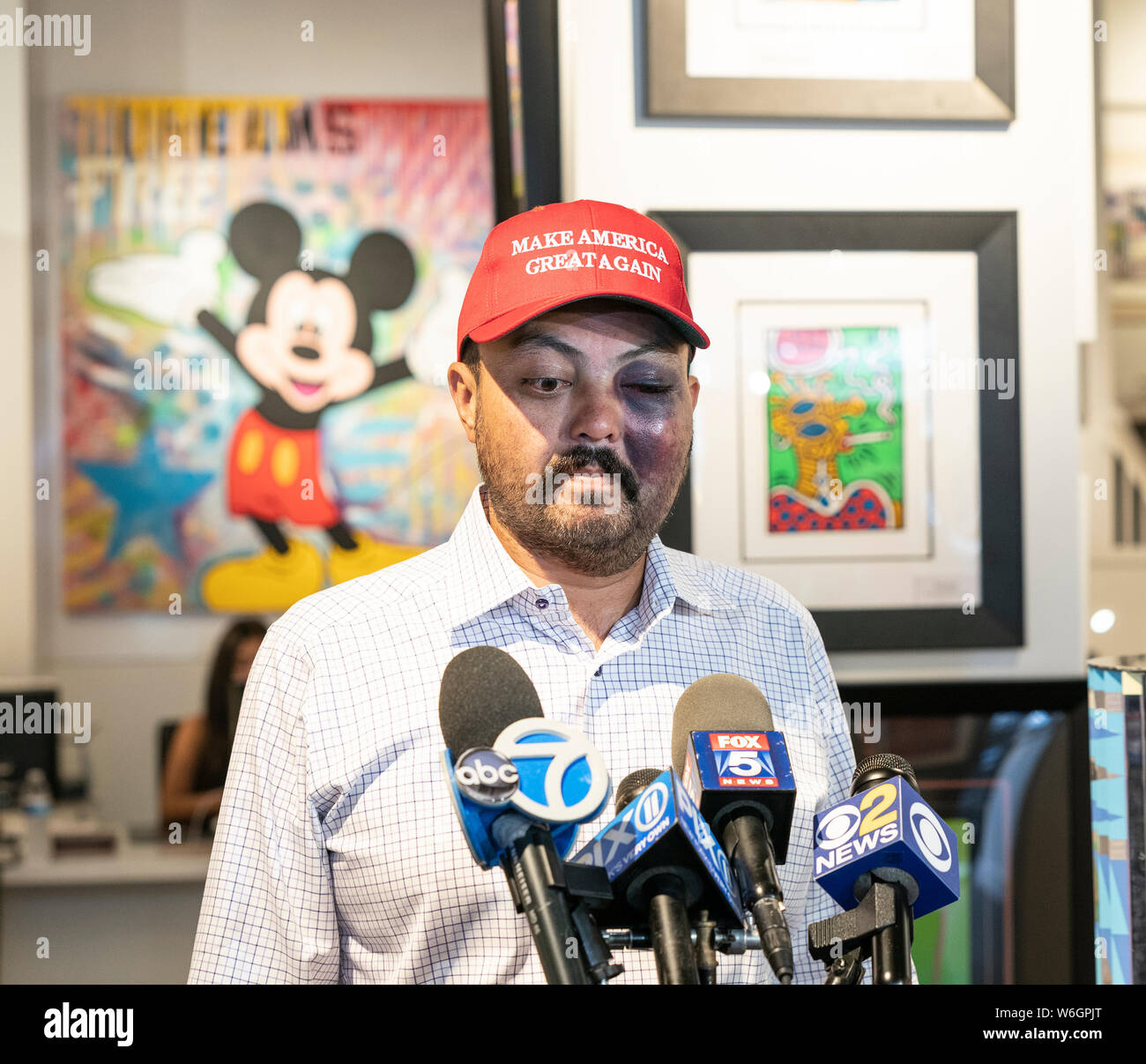 New York, United States. 01st Aug, 2019. Jahangir Turan speaks at press conference after being beaten for wearing MAGA hat on the street of New York City by 15 teenagers at David Parker Gallery. Credit: Lev Radin/Pacific Press/Alamy Live News Stock Photo