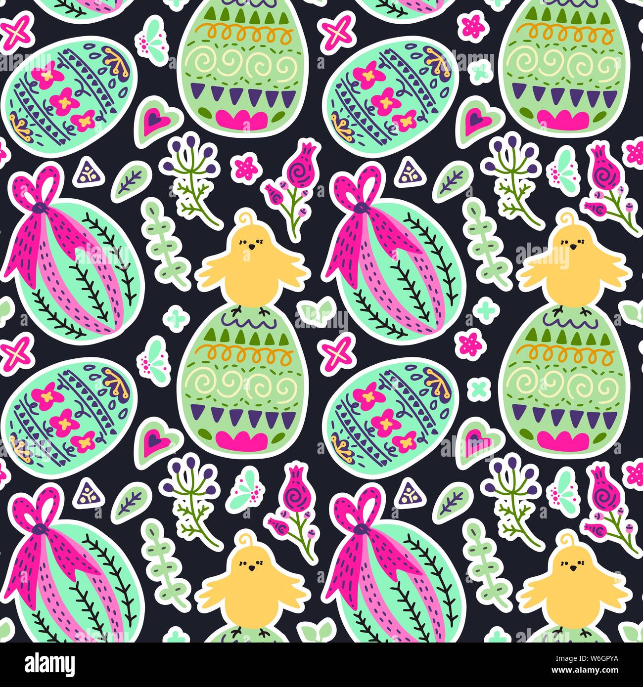 Seamless spring vector pattern with Easter eggs, chickens and flowers ...