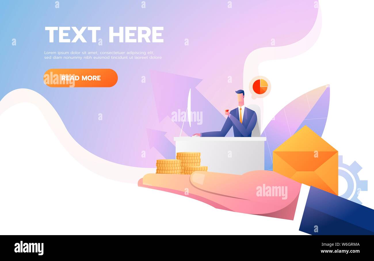 Web page design - customer retention theme. Office people with mobile device on big human hand. Landing page, mobile app, site template Stock Vector