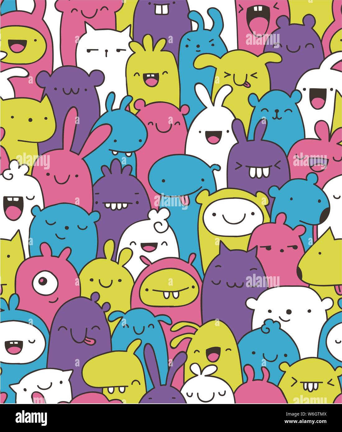 Cute and fun colorful pattern with various imaginary characters Stock Vector