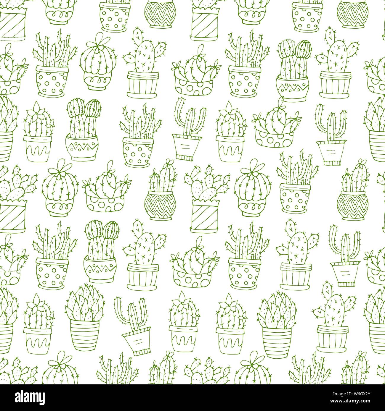 Vector seamless pattern with handdrawn doodle icons of cactus vases ...