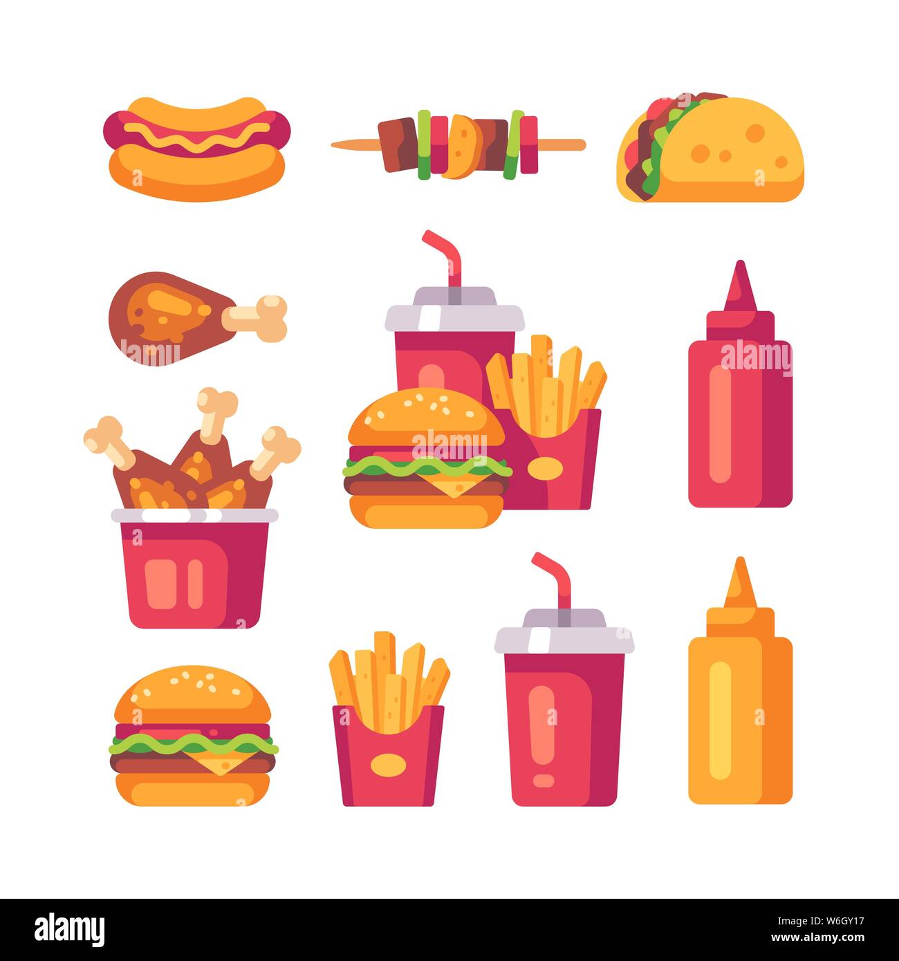 Set of flat fast food icons. Burger, fries, chicken legs, hot dog and soda cup Stock Vector