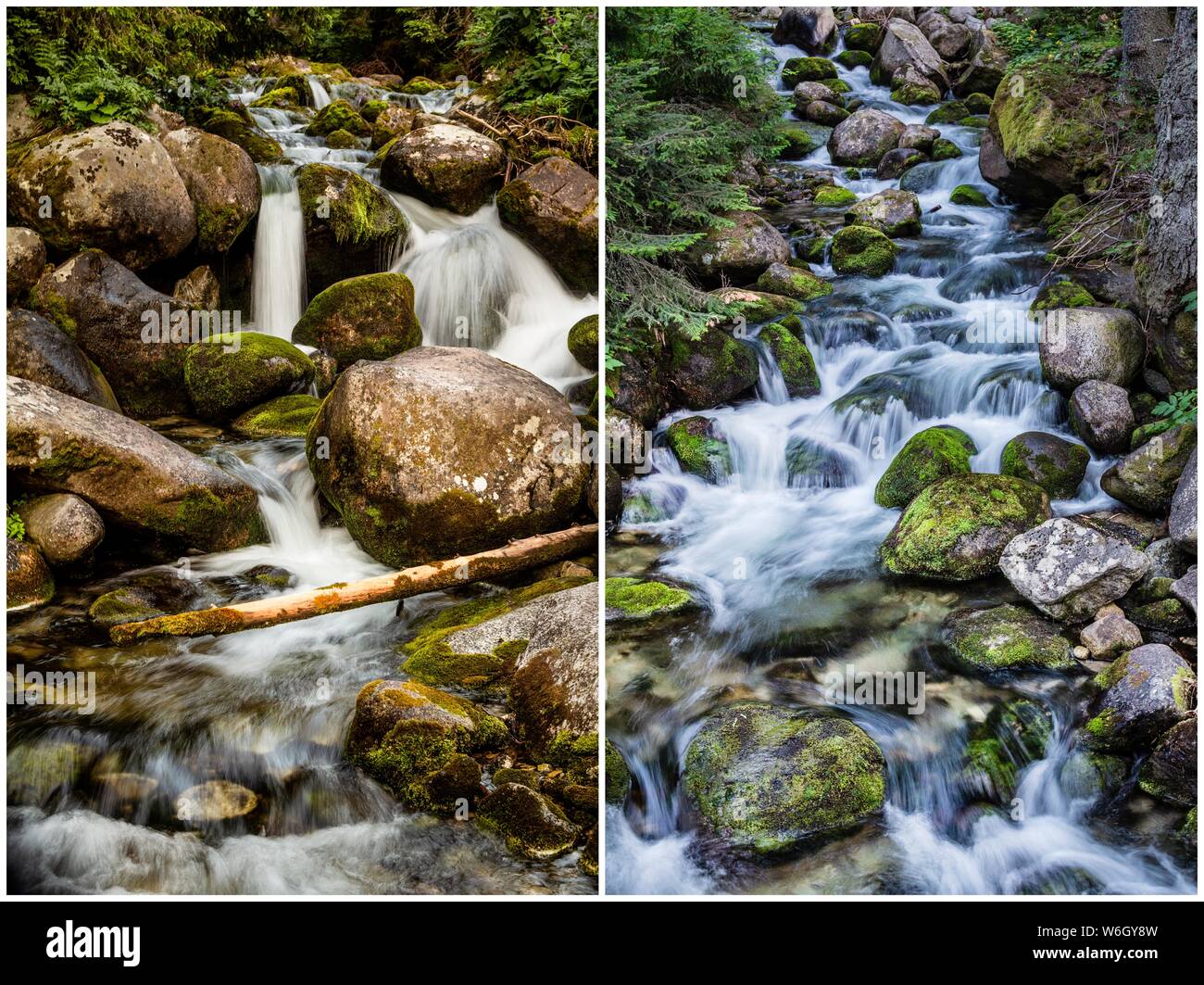 Picture of 2 streams composed to be combined in one picture. This is shot on Rila mountain in Bulgaria while on hike to Musala peak.. Stock Photo
