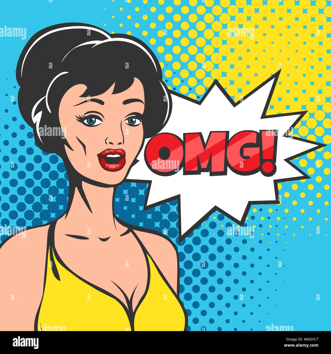 Young Woman with Open Mouth and Speech Cloud with wording OMG drawn in pop art style. Vector illustration. Stock Vector