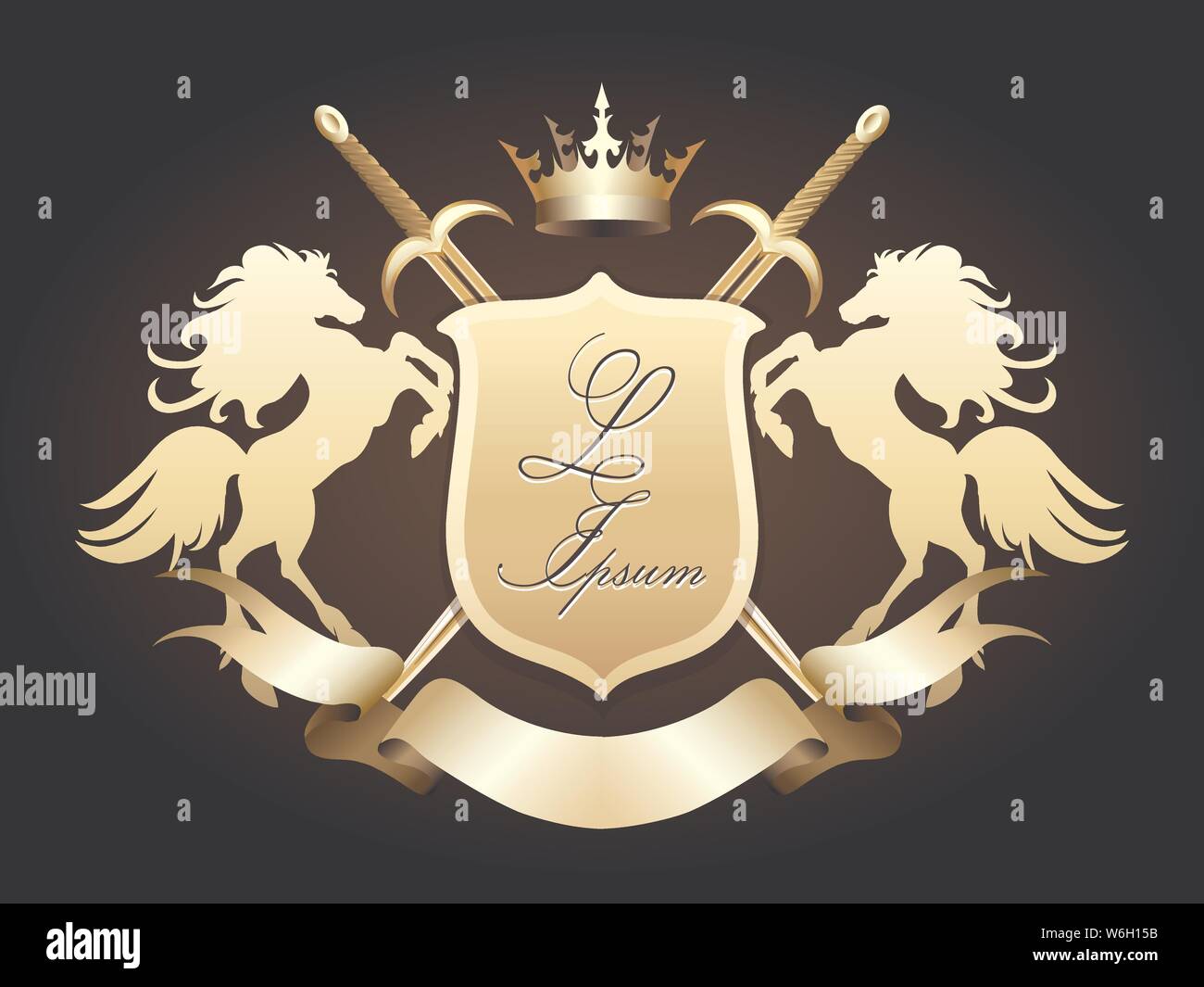 Golden Heraldic shield with swords and horses on black backgriund. Vector illustration. Stock Vector