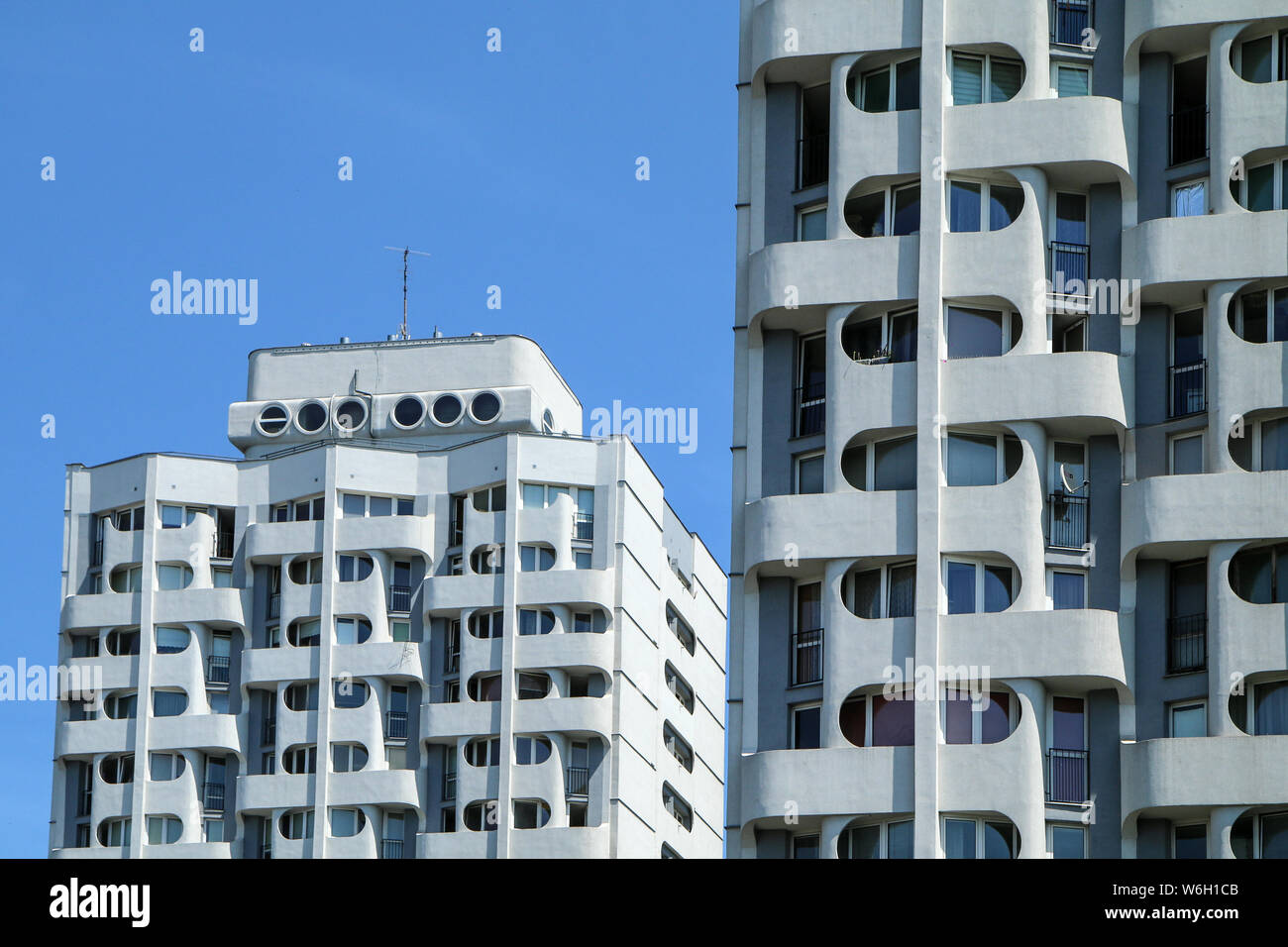 The detail of an interesting facade of one of the modern living houses in Wroclaw in Poland. Stock Photo