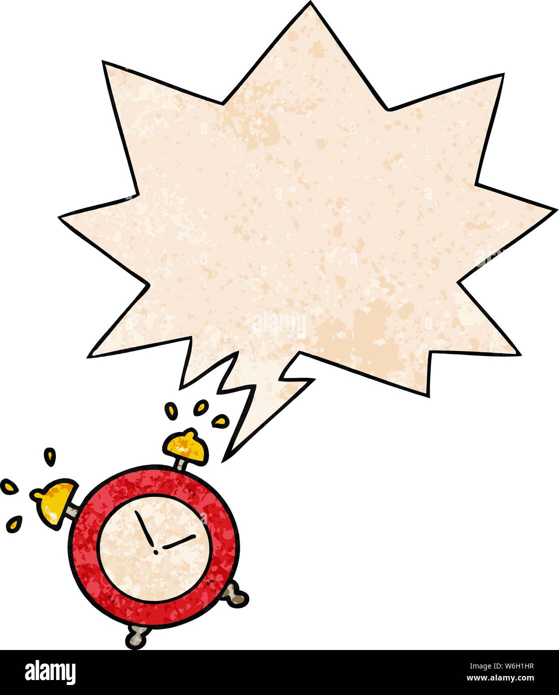 cartoon ringing alarm clock with speech bubble in retro texture style ...