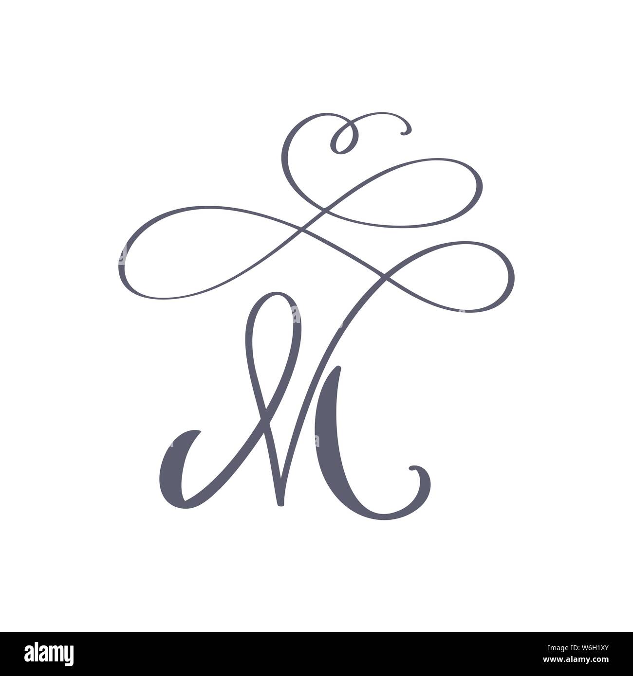 Vector Hand Drawn calligraphic floral M monogram or logo. Uppercase Hand Lettering Letter M with swirls and curl. Wedding Floral Design Stock Vector
