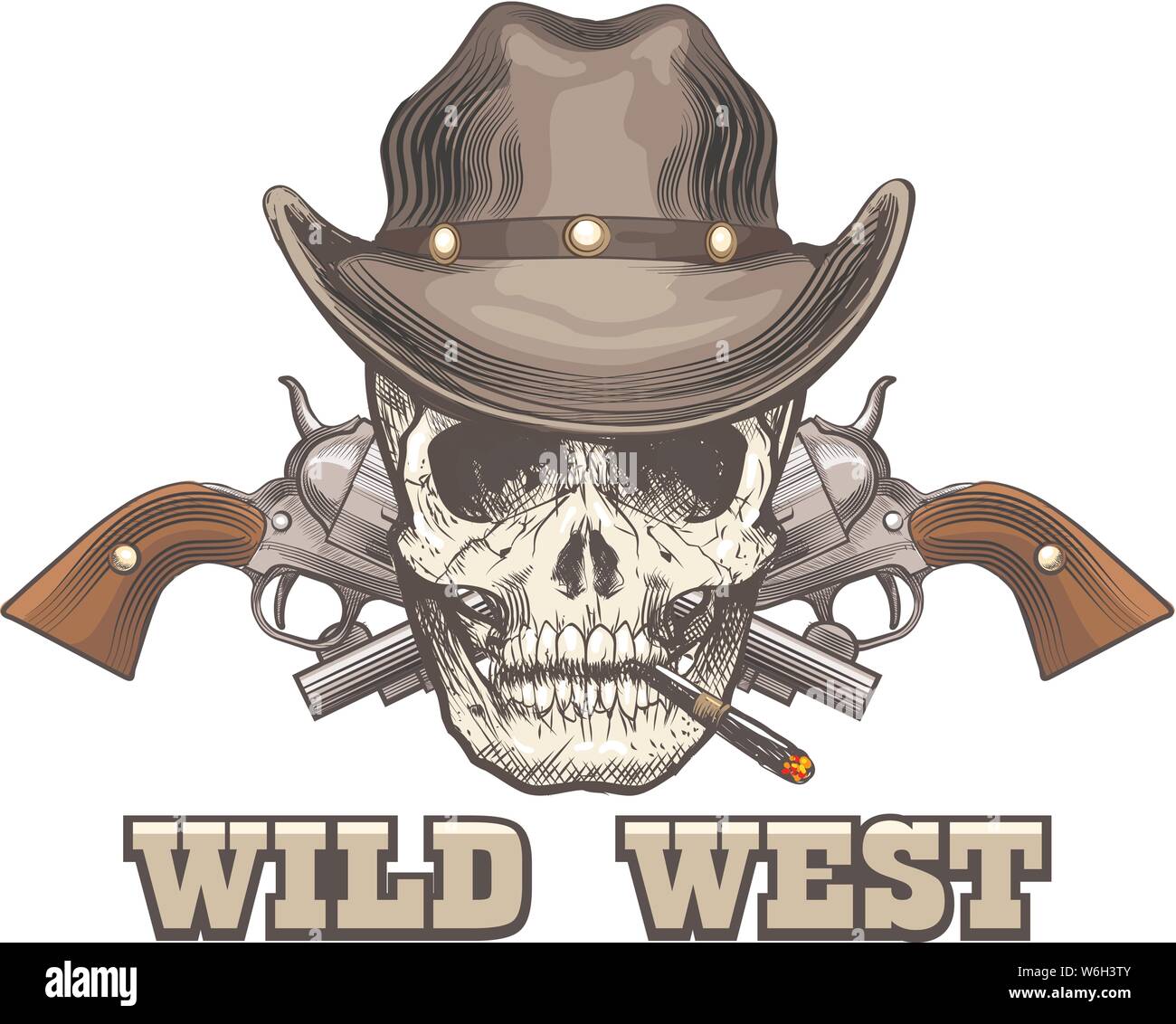 Human skull in Cowboy hat with two revolvers with wording Wild West. Vector illustration. Stock Vector