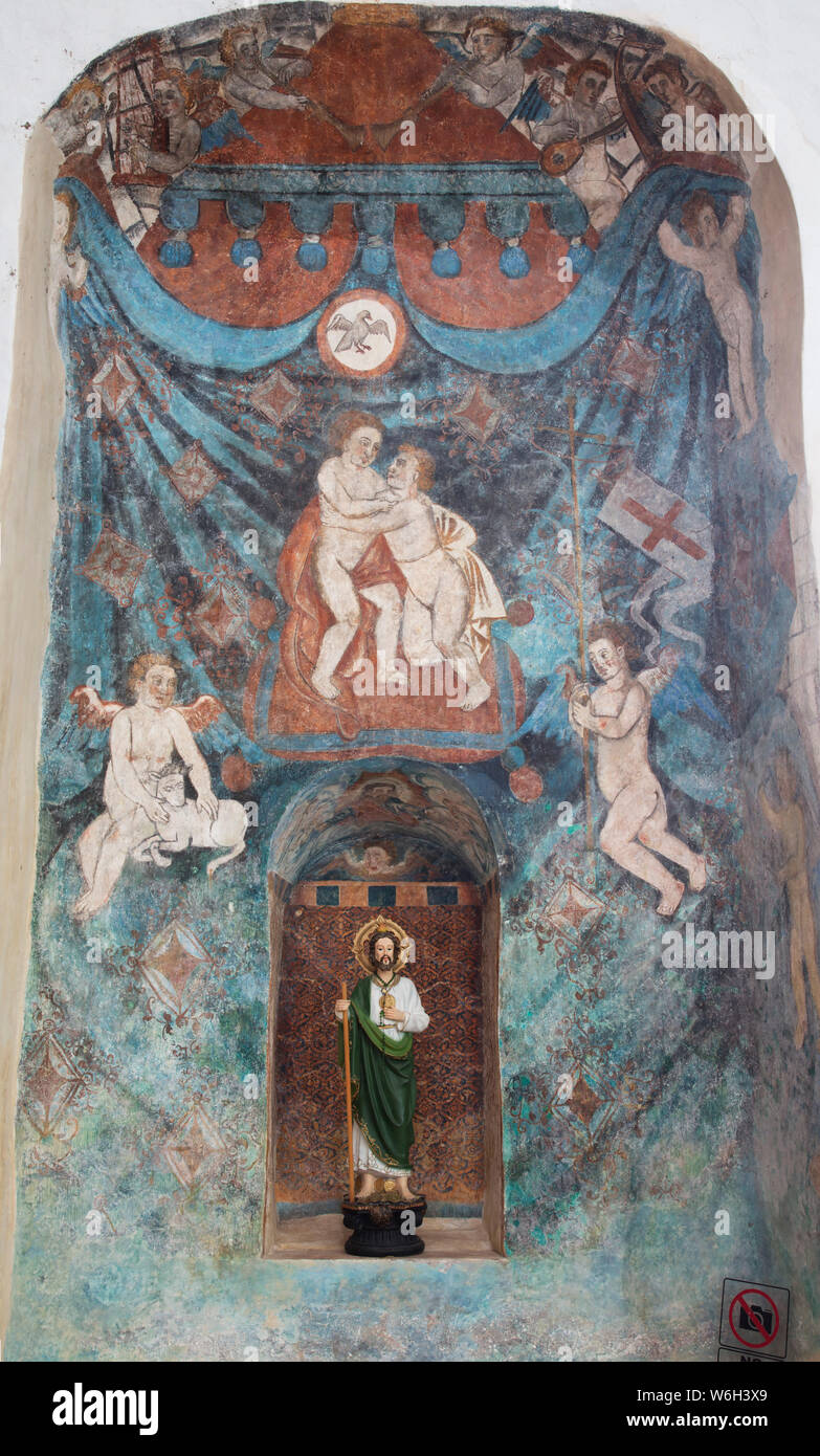 Original 16th century frescoes, Convent de San Bernadino de Siena, built 1552-1560; Valladolid, Yucatan, Mexico Stock Photo