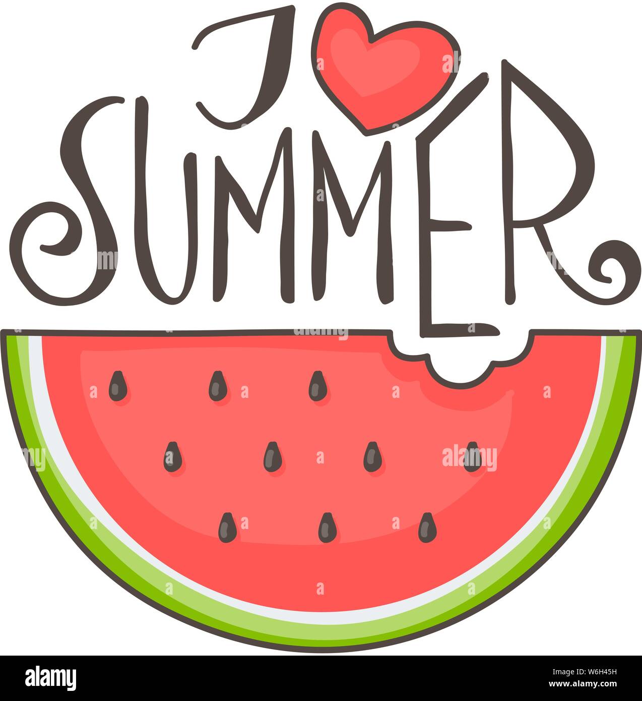 Round badge with I love summer hand lettering and a cartoon watermelon Stock Vector Image & Art