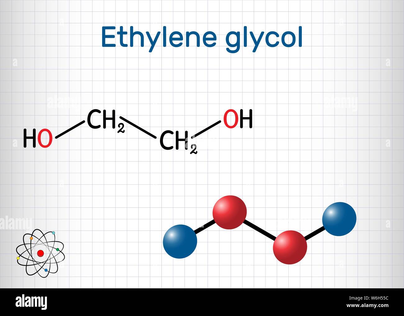 Ethylene glycol, diol molecule. It is used for manufacture of polyester fibers and for antifreeze formulations. Structural chemical formula. Sheet of Stock Vector