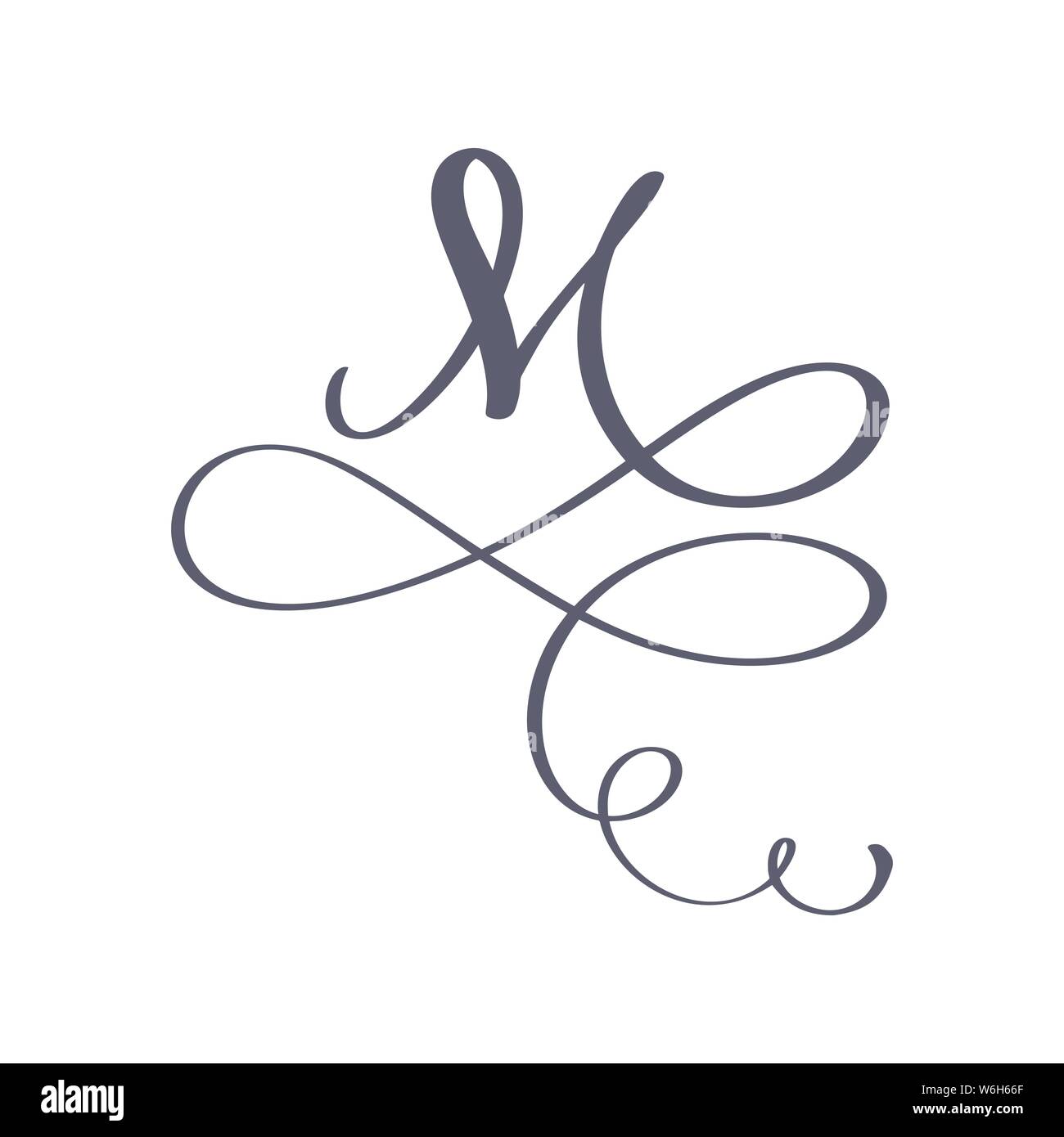 Vector Hand Drawn calligraphic floral M monogram or logo. Uppercase Hand Lettering Letter M with swirls and curl. Wedding Floral Design Stock Vector