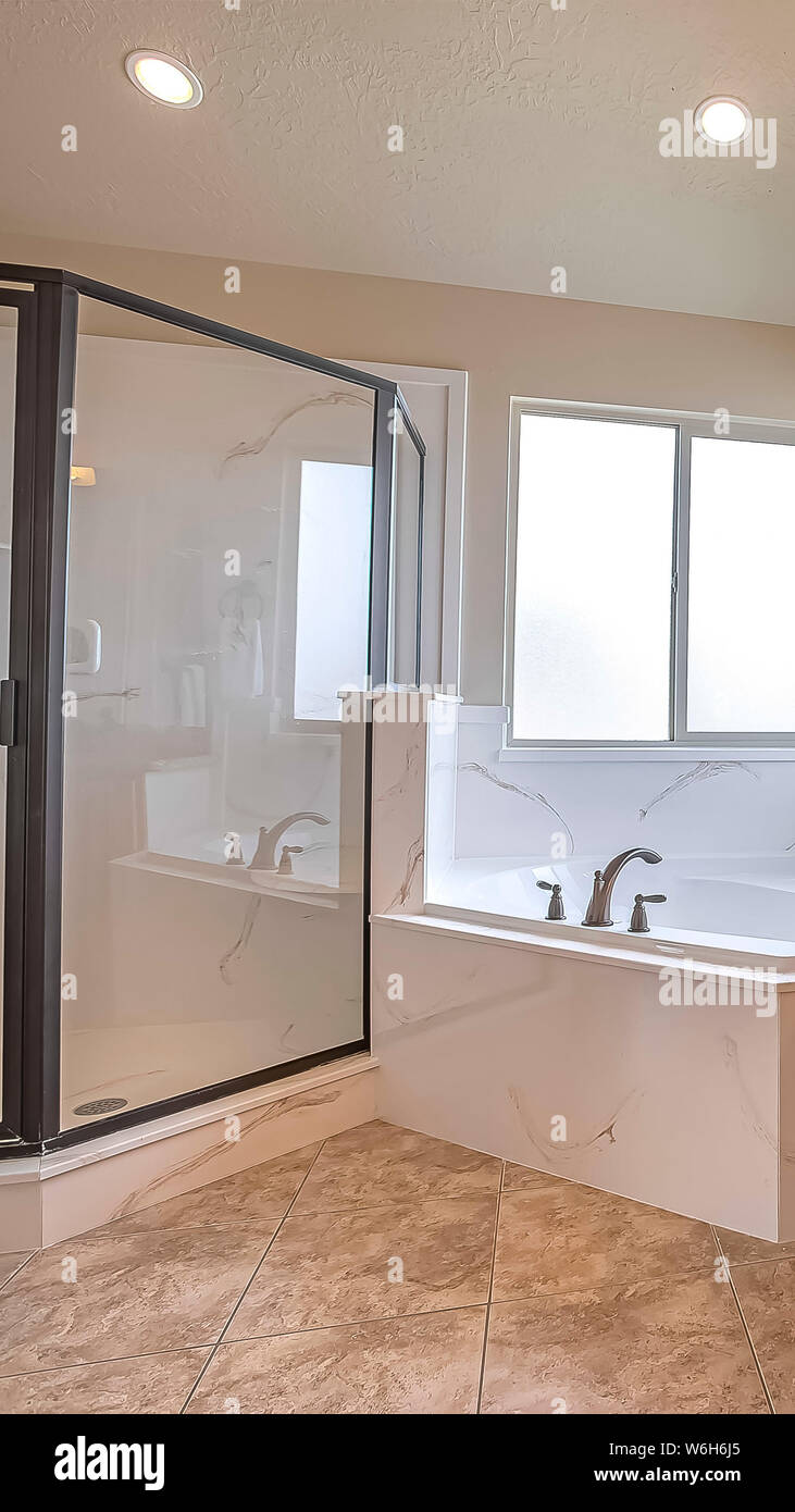 Vertical frame Shower stall bathtub and double vanity area inside the