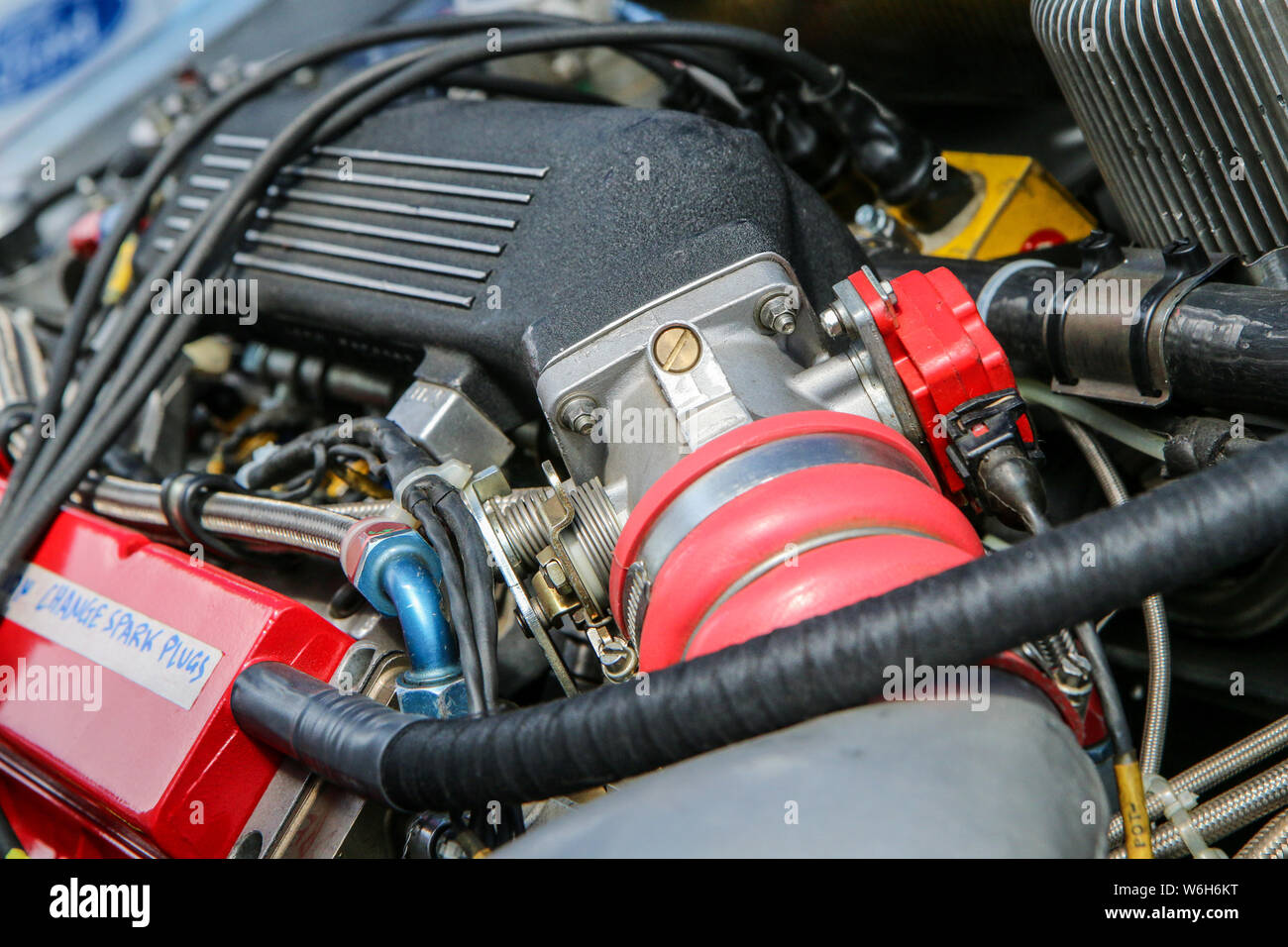 A detail of the sports car engine. It is a historic rallye car from the