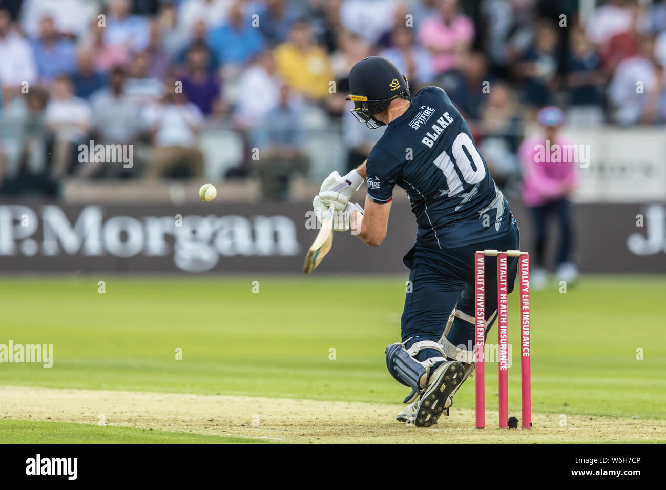 London, UK. 1 August, 2019. Alex Blake smashes a four batting for Kent ...