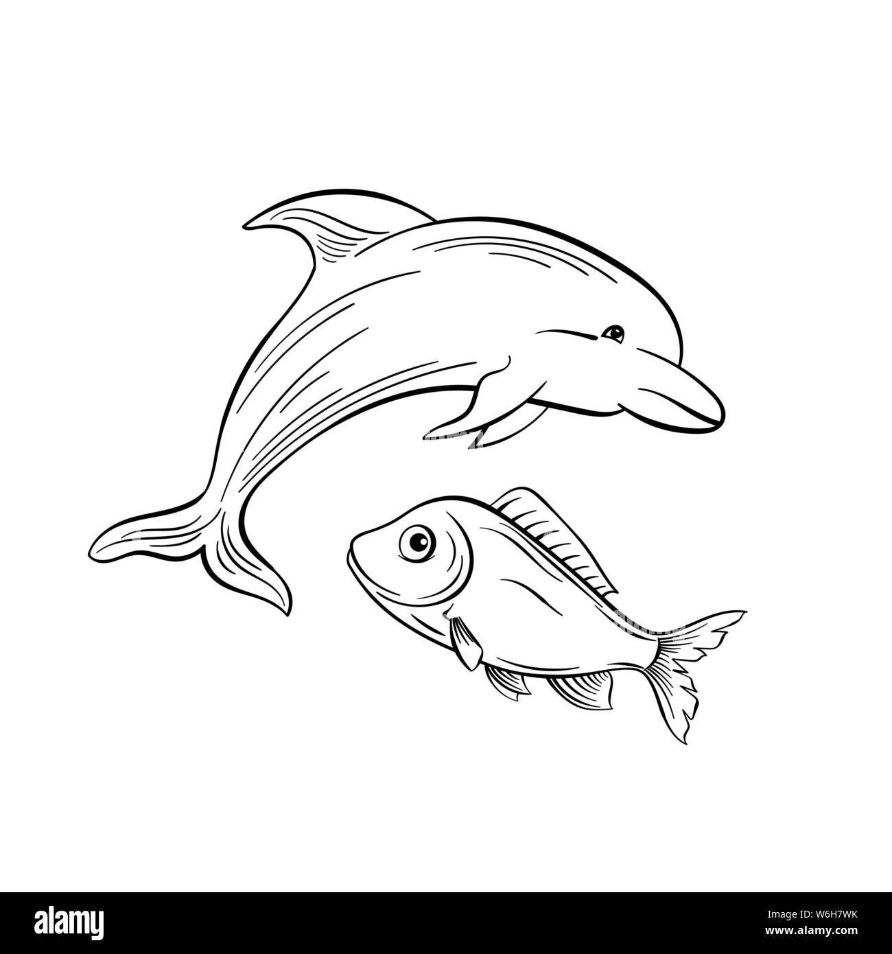 Dolphin And Fish Monochrome Flat Vector Illustration Sea Animals Intelligent Mammal Freehand Sketch Saltwater Creature Black Ink Drawing Marine Li Stock Vector Image Art Alamy