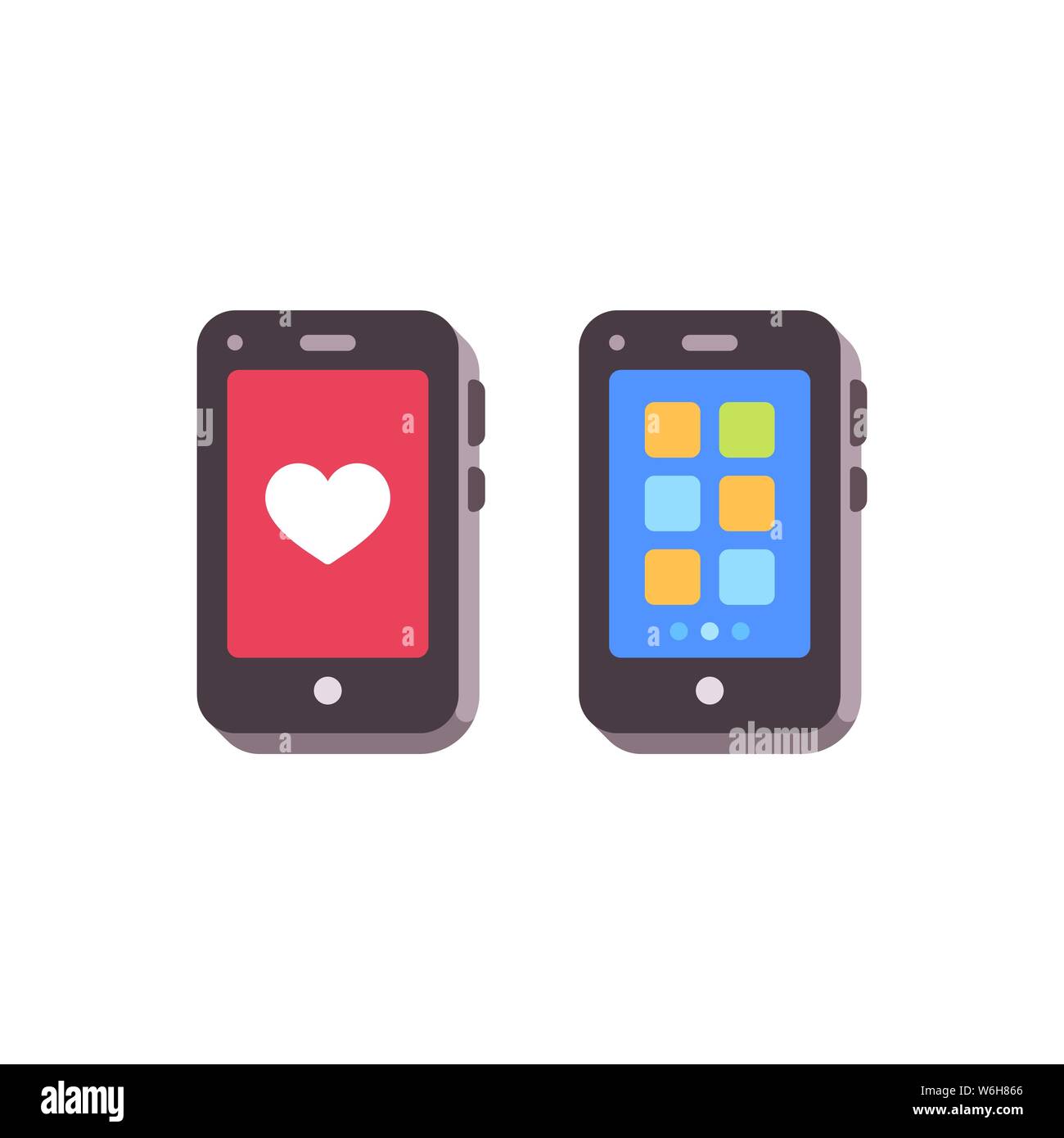 Smartphpones with like and apps. Mobile phones flat icons Stock Vector