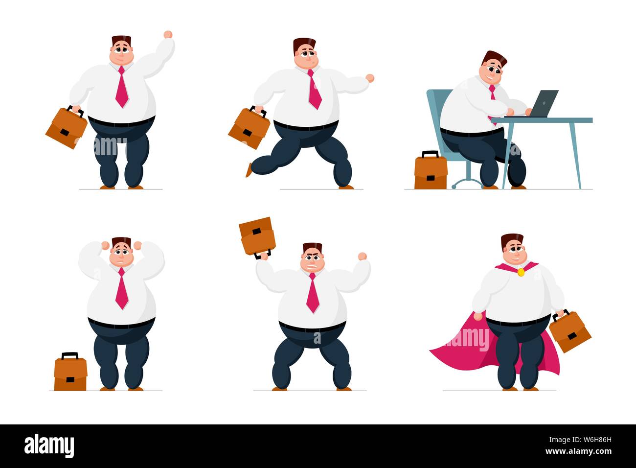 Businessman collection. Office fat worker business men in different situations set. Manager cartoon character job actions and emotions vector illustration Stock Vector