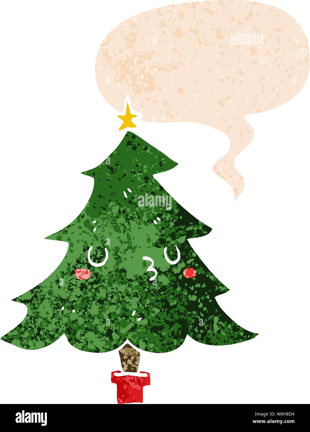 cute cartoon christmas tree with speech bubble in grunge distressed ...