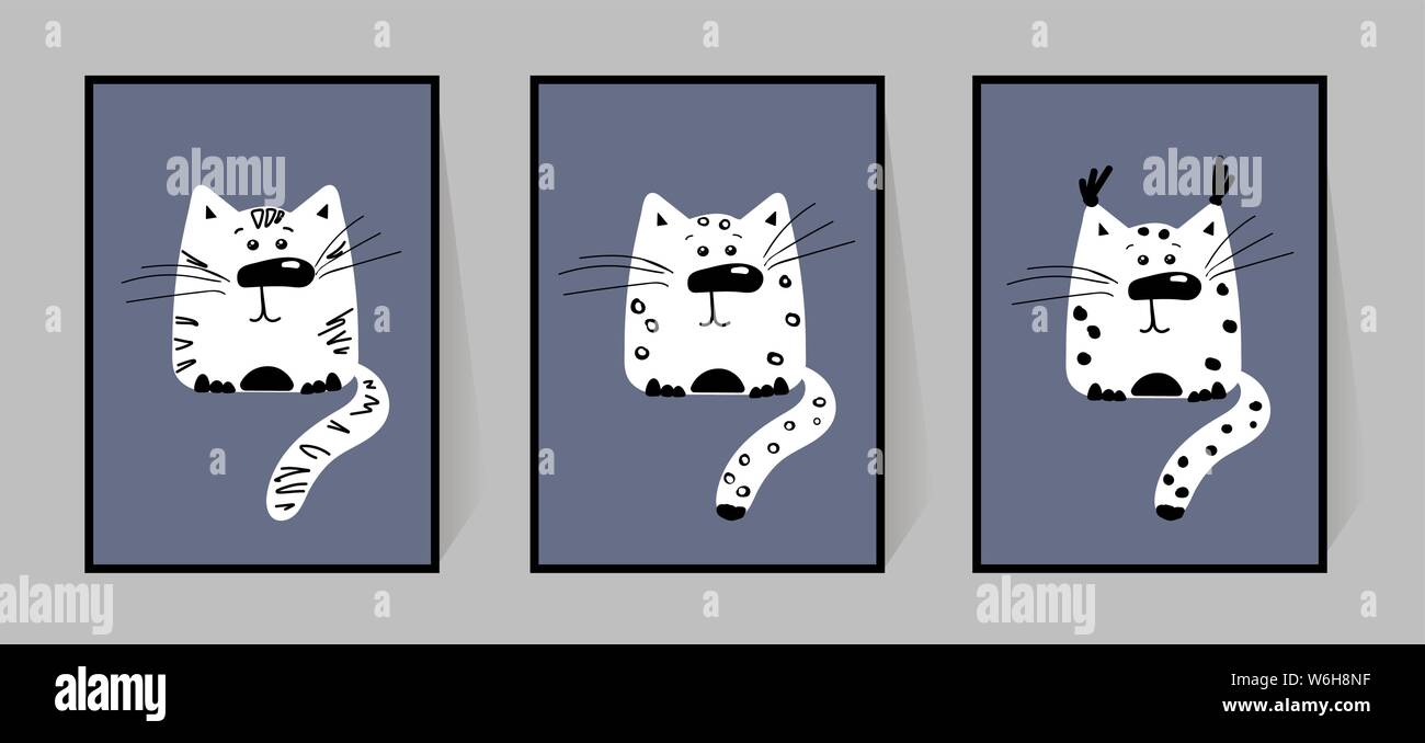 Snow leopard, white tiger and lynx. Funny cartoon animals. Characters in doodle style. Set of monochrome posters for wall decor in the nursery. For pr Stock Vector