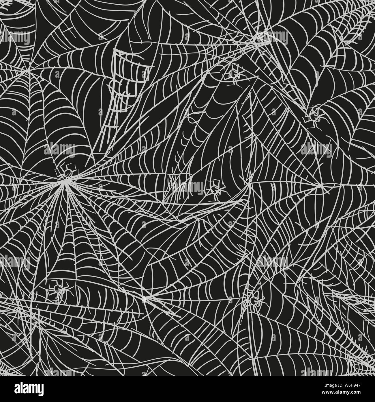 Black spider web seamless pattern with white spiders. Vector seamless background. Stock Vector