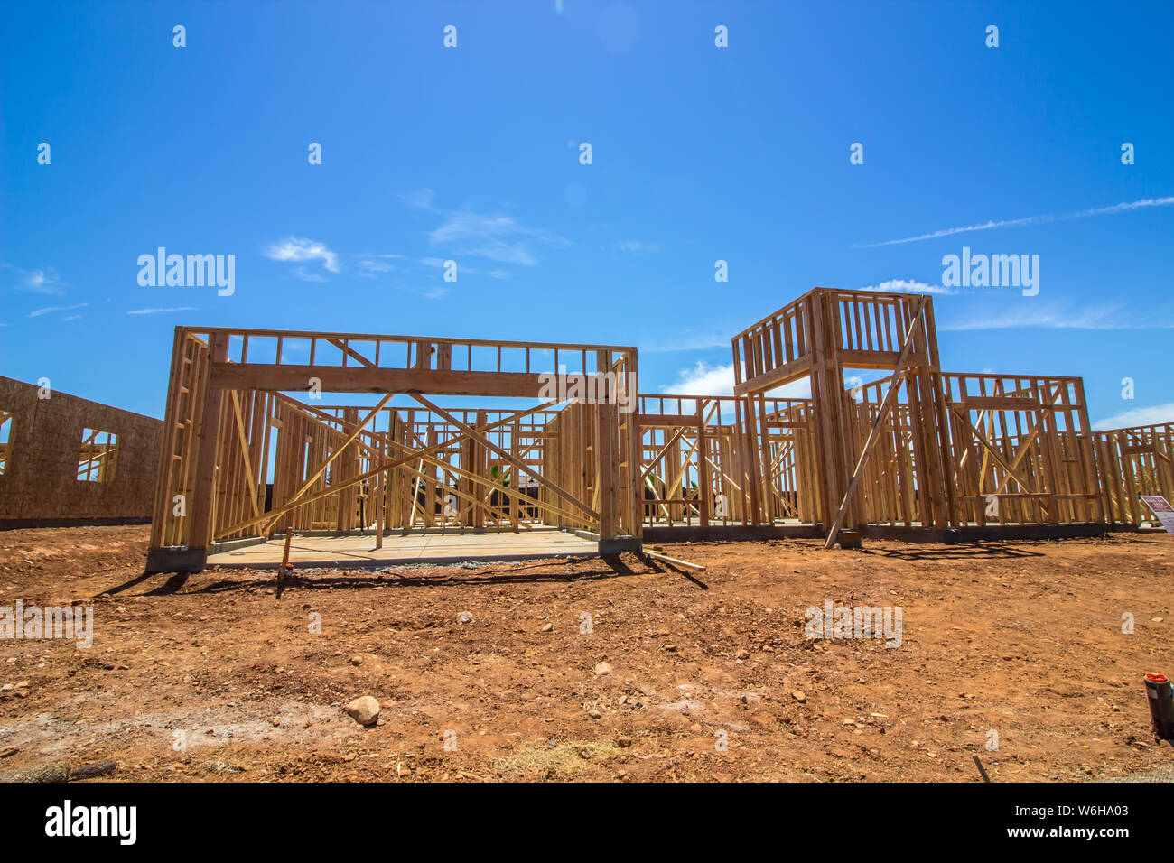 New Home Under Construction In Framing Stage Stock Photo
