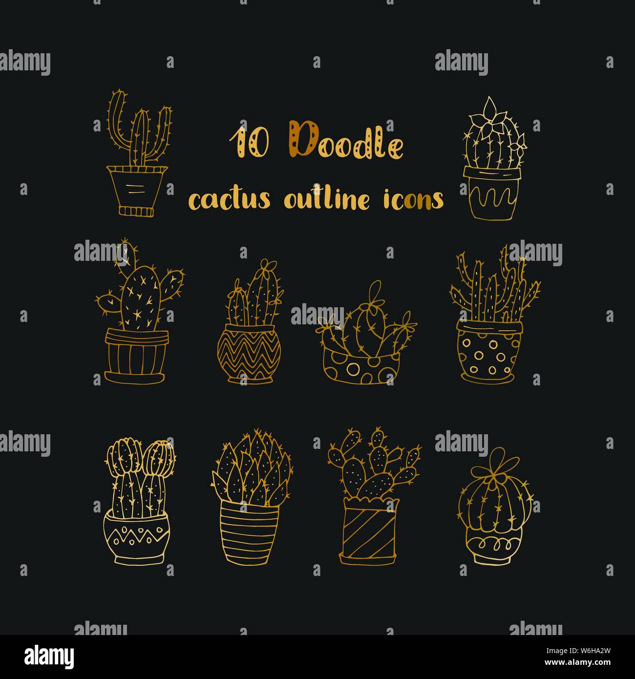 Set of 10 handdrawn doodle icons of cactus vases. Cactus succulents ...