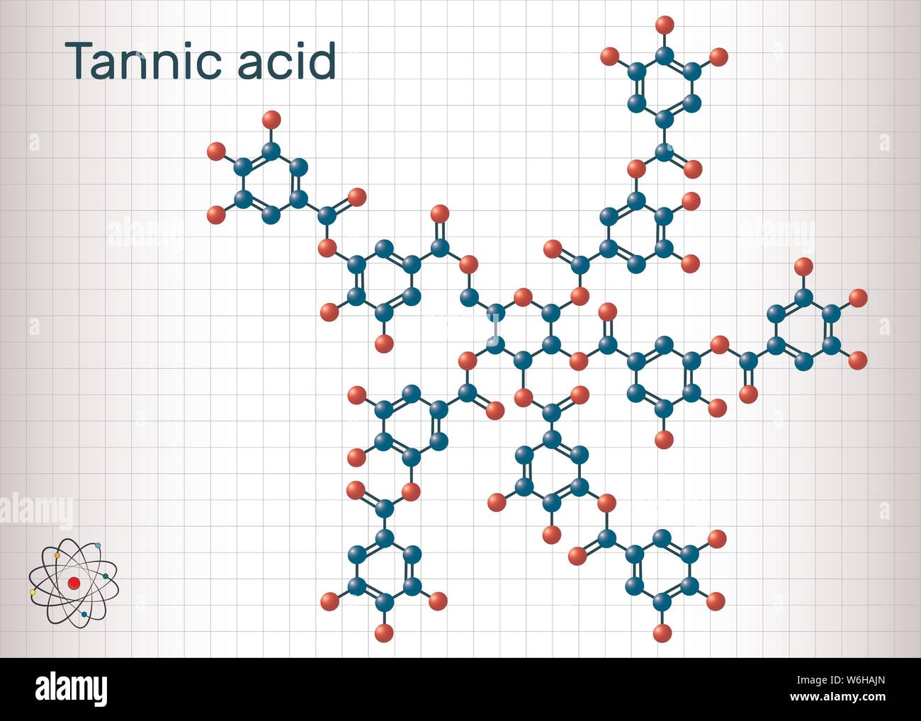 Tannic acid, tannin molecule. It type of polyphenol. Sheet of paper in a cage. Structural chemical formula and molecule model. Vector illustration Stock Vector