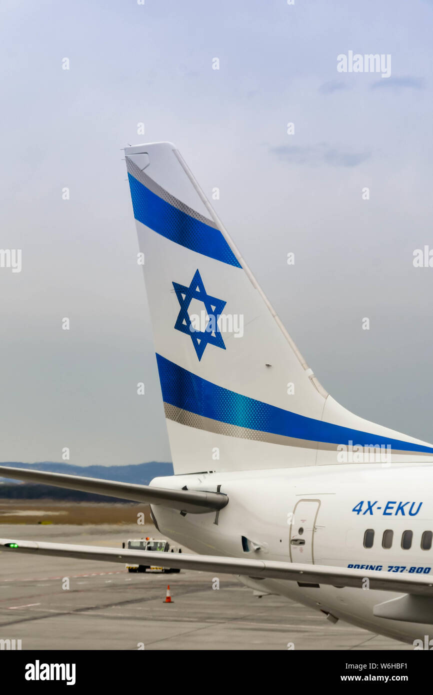 BUDAPEST, HUNGARY - MARCH 2019: Tail fin of a Boeing 737 jet operated by El Al Israeli Airlines at Budapest airport. Stock Photo