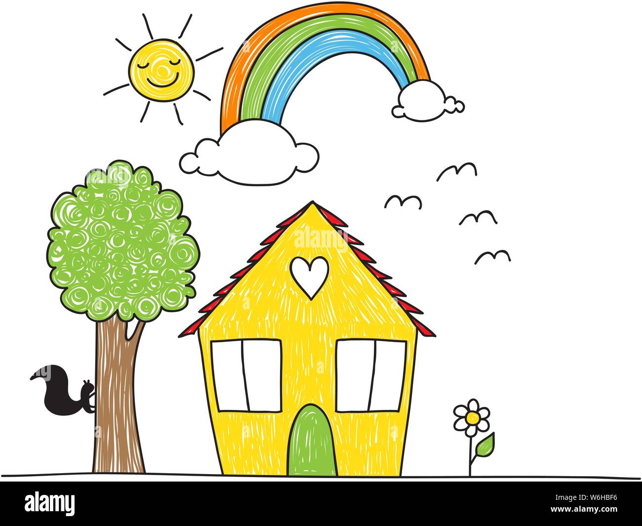 Cute children's drawing style house, tree, flowers rainbow and sun. The coloring is imperfect looking. Stock Vector