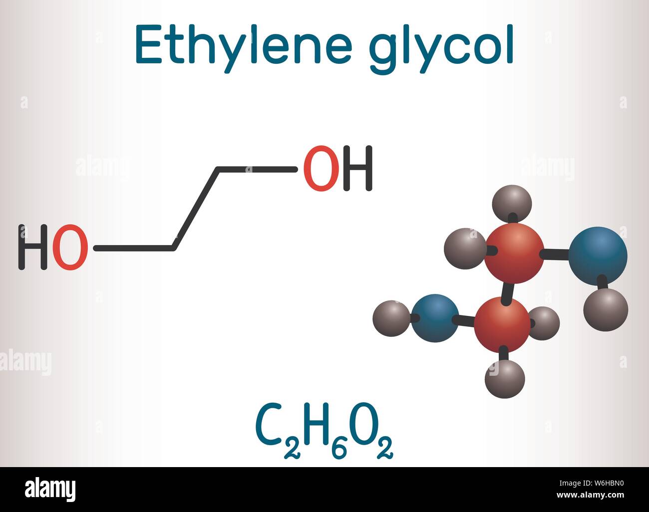 Ethylene glycol, diol molecule. It is used for manufacture of polyester fibers and for antifreeze formulations. Structural chemical formula and molecu Stock Vector