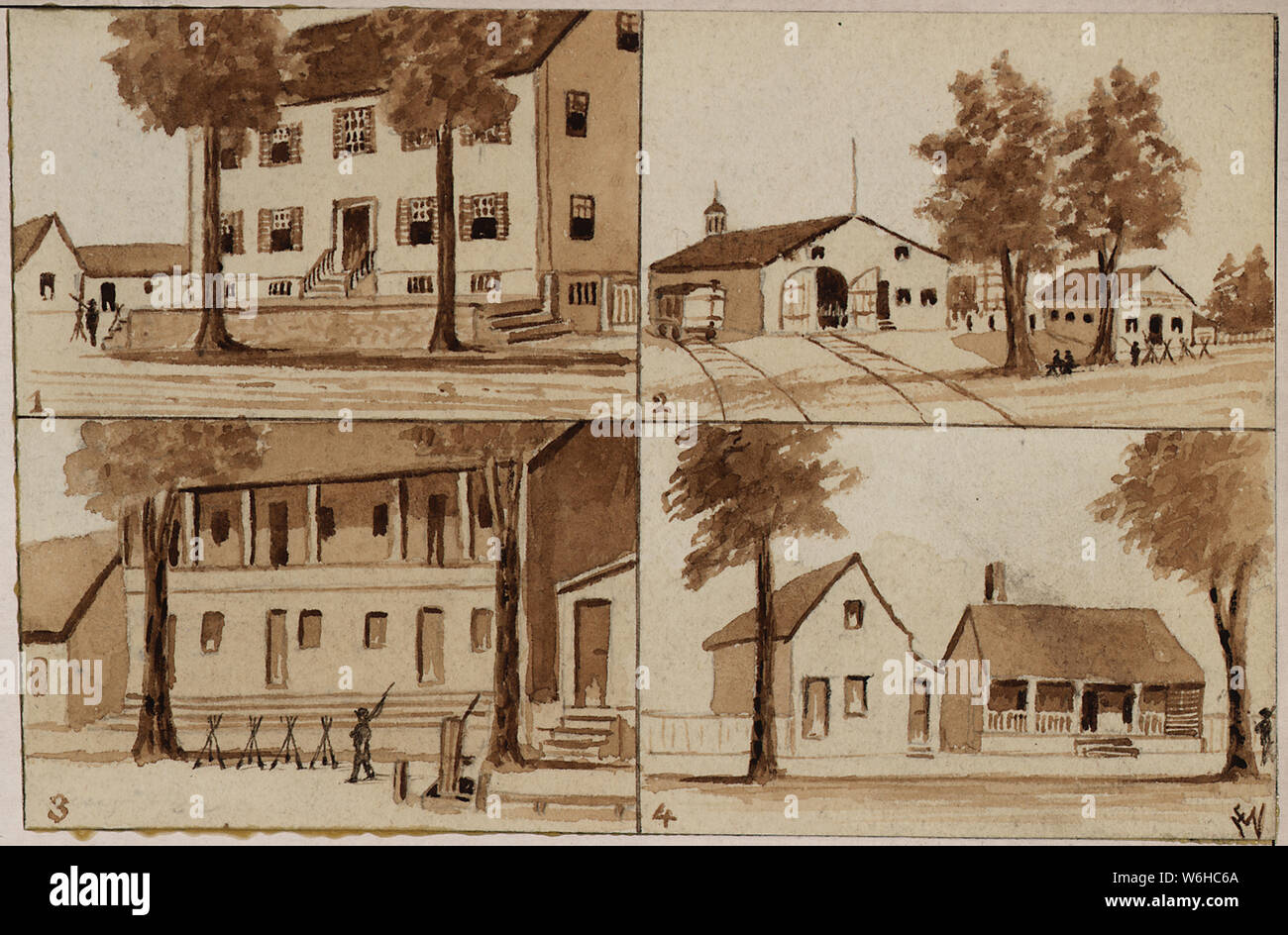 Guardhouses of the 23rd Massachusetts Volunteer Infantry, New Berne, N. Carolina, May 8 - November 22, 1862. (Four individual sketches) (1)-First District Provost Marshal's Headquarters and guardhouse (2)-Second District guardhouse near the railroad station (3)-Third District guardhouse (4)-One of the guardposts in the Third District where a sentry was assaulted., 05/08/1862 - 11/22/1862 Stock Photo
