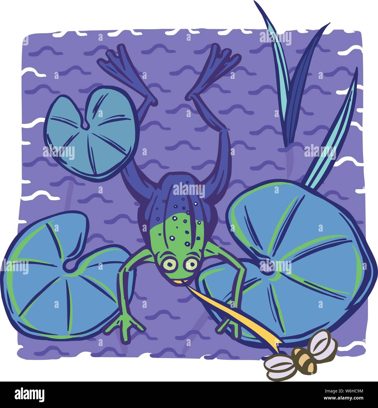 Frog lounging on lily pads in a pond or lake, catching a bug flying by with it's extended tongue Stock Vector