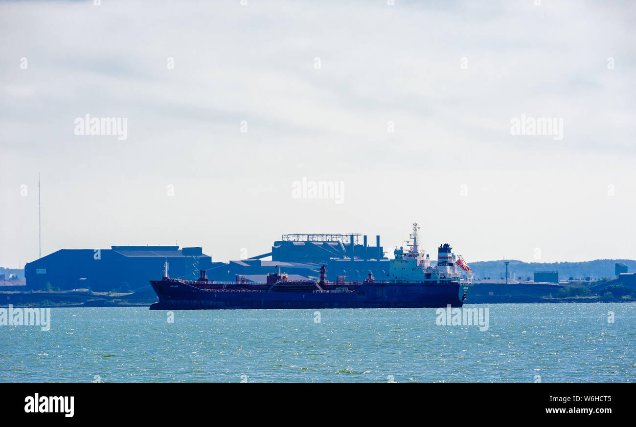 HAMILTON, ONTARIO, CANADA - SEPTEMBER 23, 2018: The oil and chemical tanker 'Arsland' is anchored in Hamilton Harbour near the city's industrial area. Stock Photo