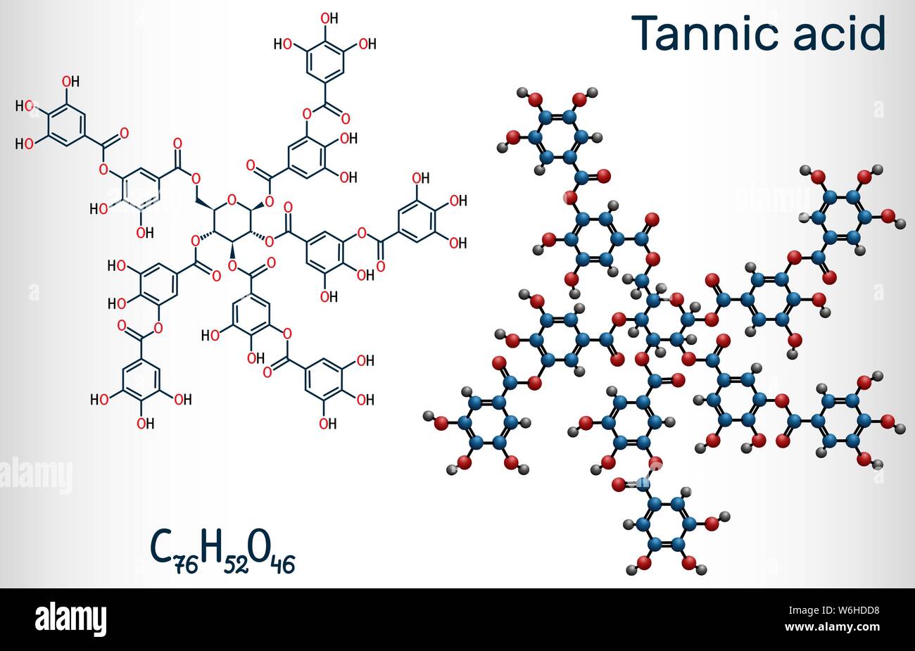 Tannic acid, tannin molecule. It type of polyphenol. Structural chemical formula and molecule model. Vector illustration Stock Vector