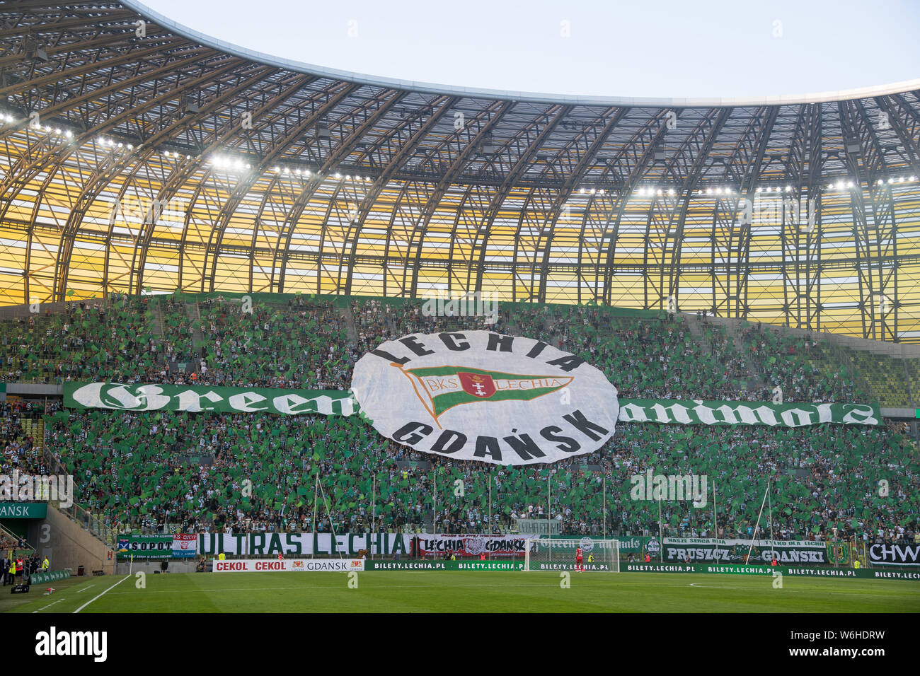 Fans of Lechia Gdansk during the game Lechia Gdansk vs. Broendby IF in  Stadion Energa Gdansk in Gdansk, Poland. July 25th 2019 © Wojciech Strozyk  / Al Stock Photo - Alamy