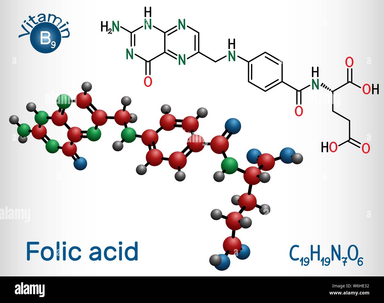 Folic acid, folate molecule. It is known as vitamin B9. Structural chemical formula and molecule model. Vector illustration Stock Vector