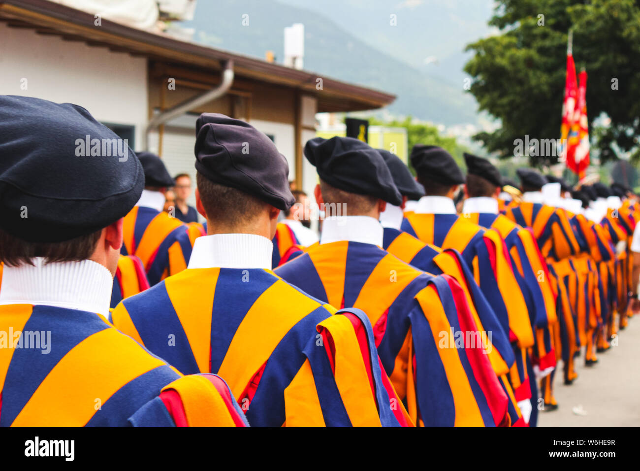 Traditional parade on Swiss National Day. National holiday of Switzerland, set on 1st August. Celebration of the founding of the Swiss Confederacy. Independence day. Historical costumes. Stock Photo