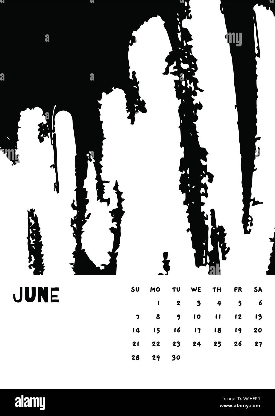 2020 June English Calendar Abstract Vector Hand Draw brush stroke black and white. Week starts Sunday. Monochrome minimalism style. Poster calendar flyer layout, printing media, brochure A3, A4, A5 Stock Vector