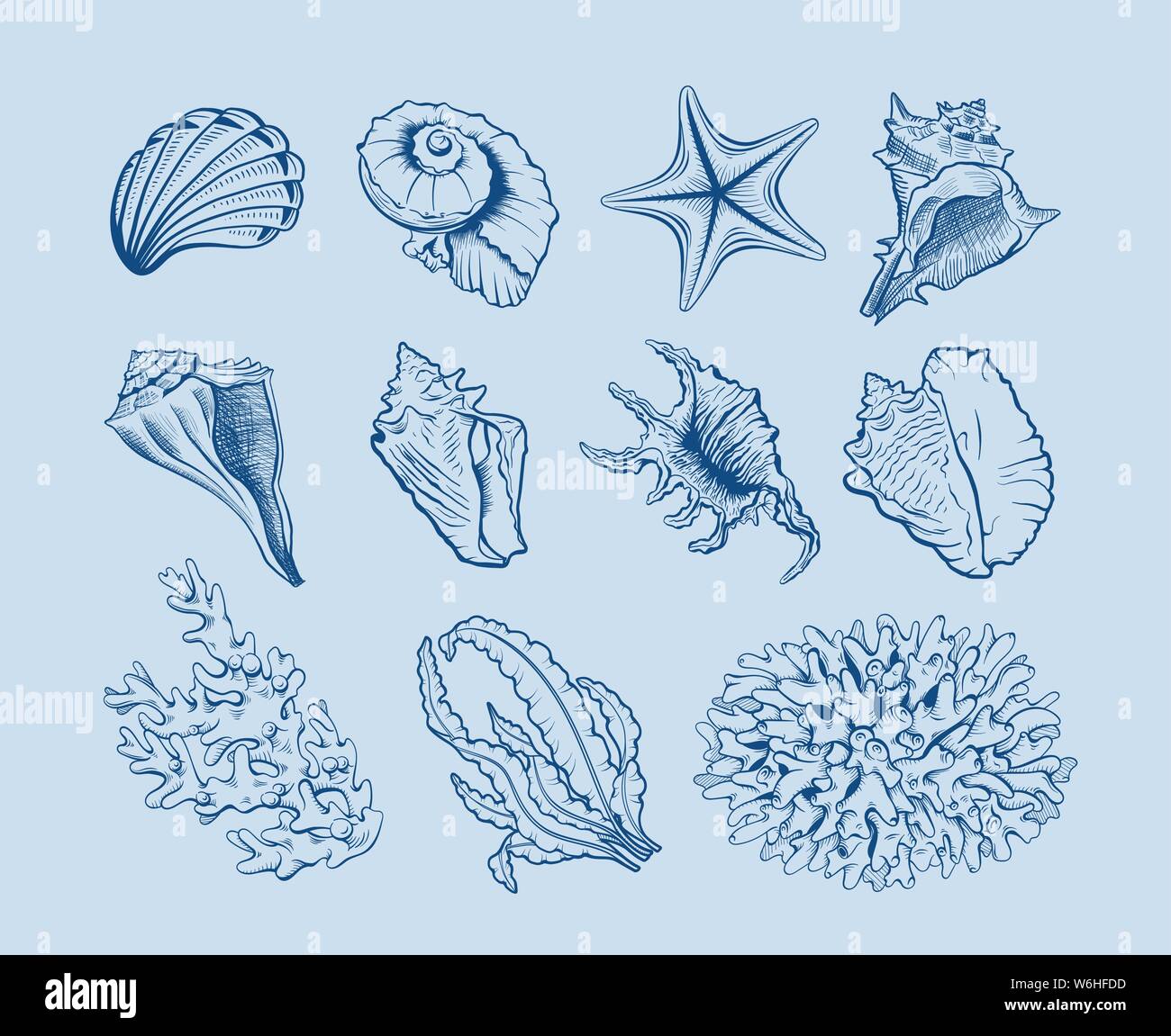 Marine life hand drawn vector illustration set. Seashells, scallops freehand drawings on blue background. Corals, reef ecosystem fauna, seaweeds, lami Stock Vector