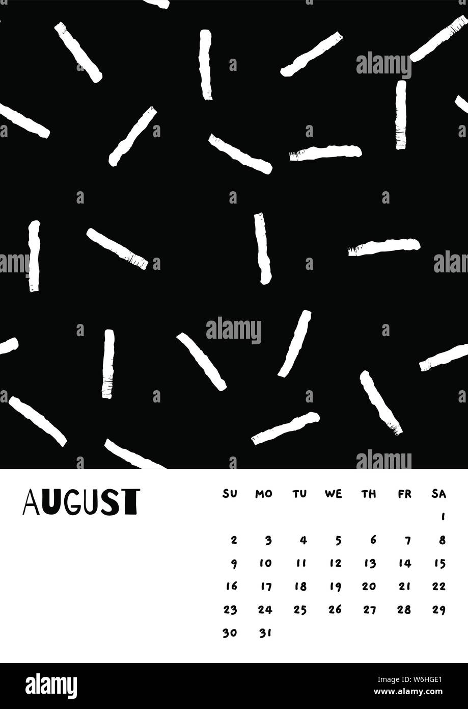 2020 August English Calendar Abstract Vector Hand Draw brush stroke black and white. Week starts Sunday. Monochrome minimalism style. Poster calendar flyer layout, printing media, brochure A3, A4, A5 Stock Vector