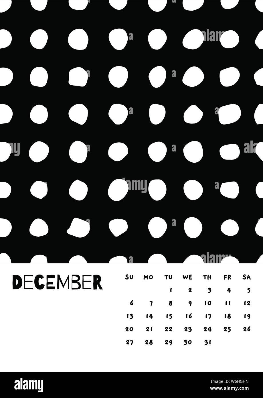 2020 December English Calendar Abstract Vector Hand Draw polka dot black and white. Week starts Sunday. Monochrome minimalism style. Poster calendar flyer layout, printing media, brochure A3, A4, A5 Stock Vector