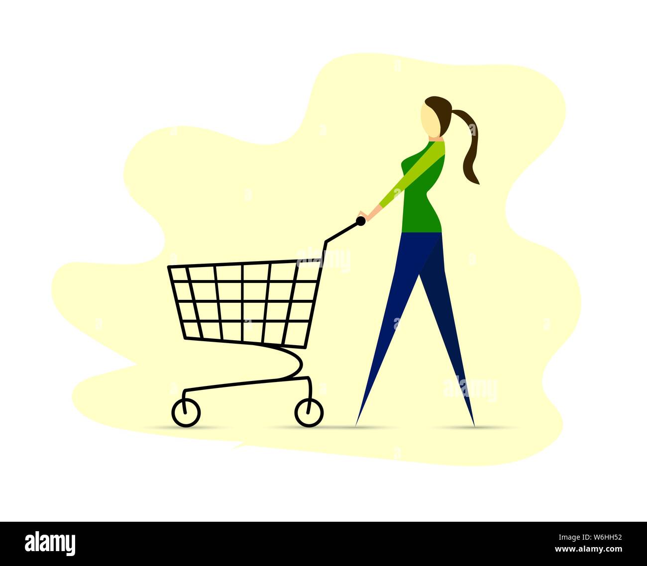 Stylish proud girl goes with empty supermarket trolley, flat design Stock Vector