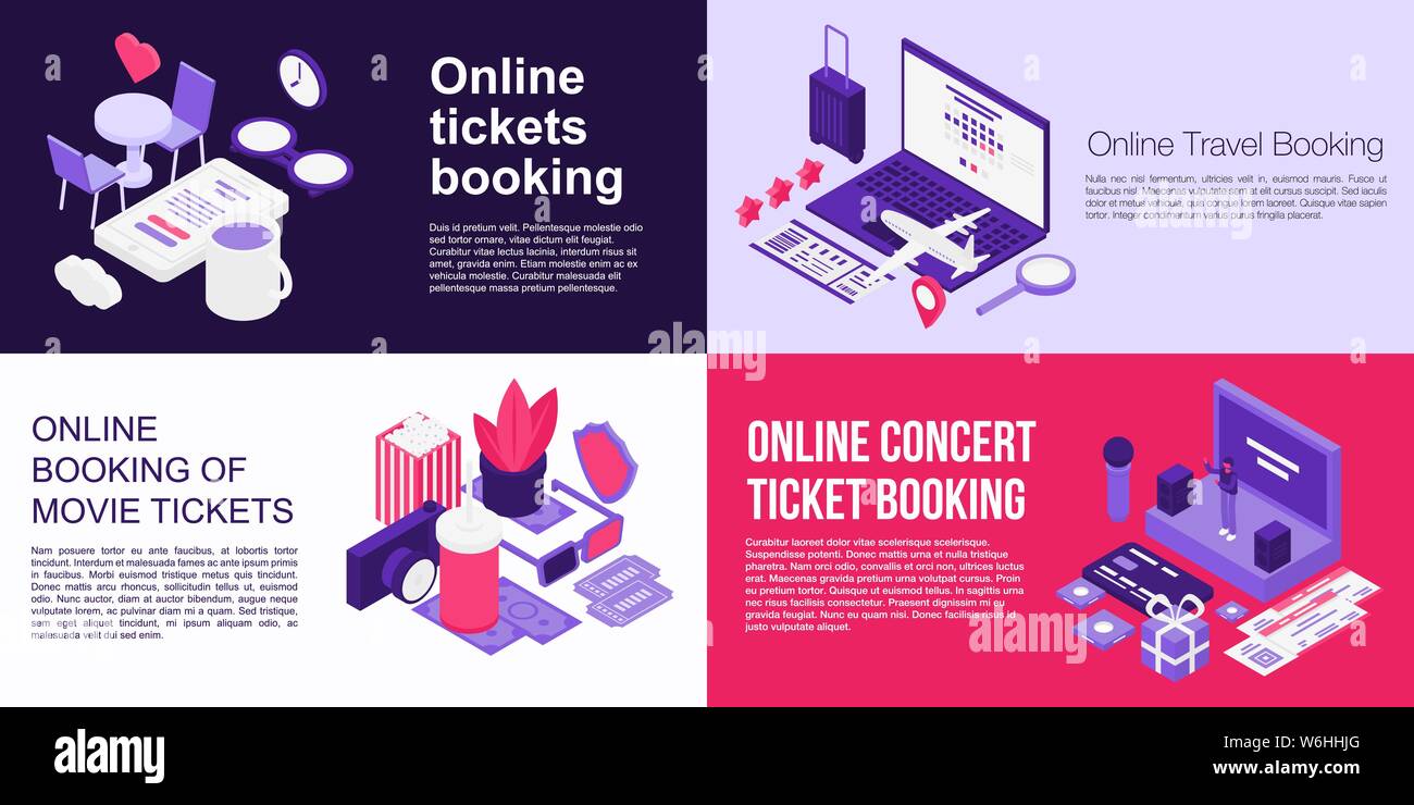 Online Tickets Booking Banner Set Isometric Style Stock Vector