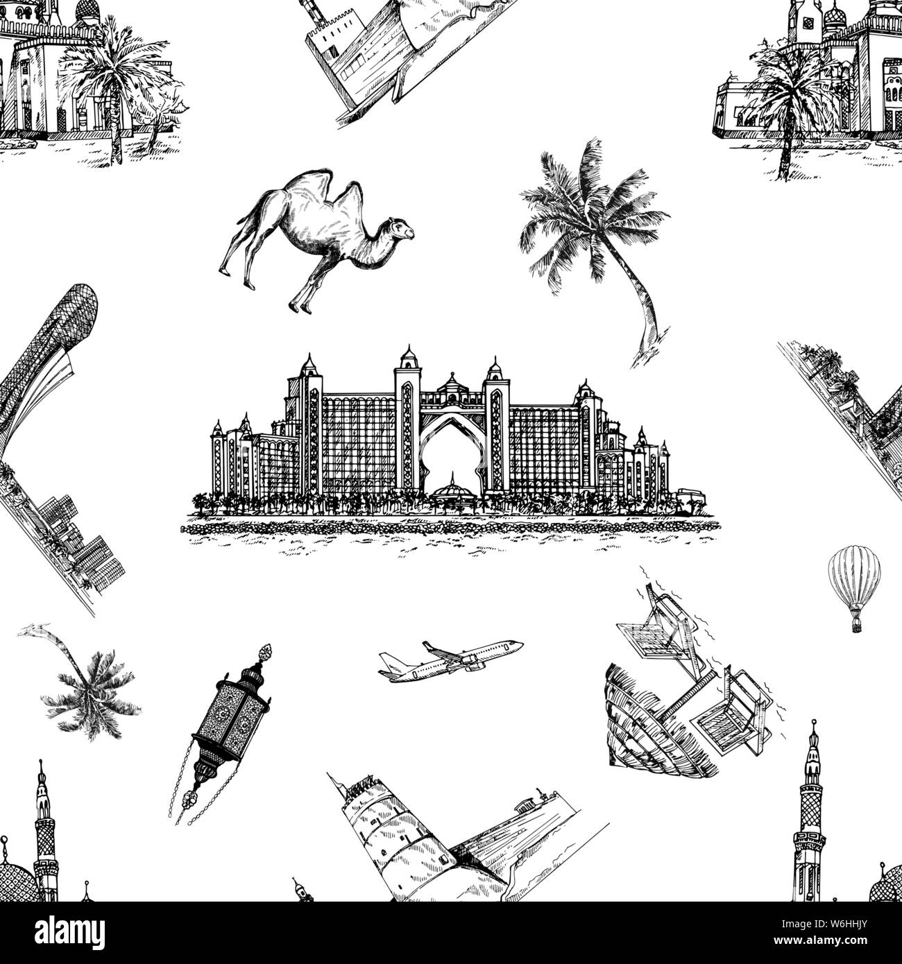 Seamless pattern of hand drawn sketch style United Arabian Emirates related objects isolated on white background. Vector illustration. Stock Vector